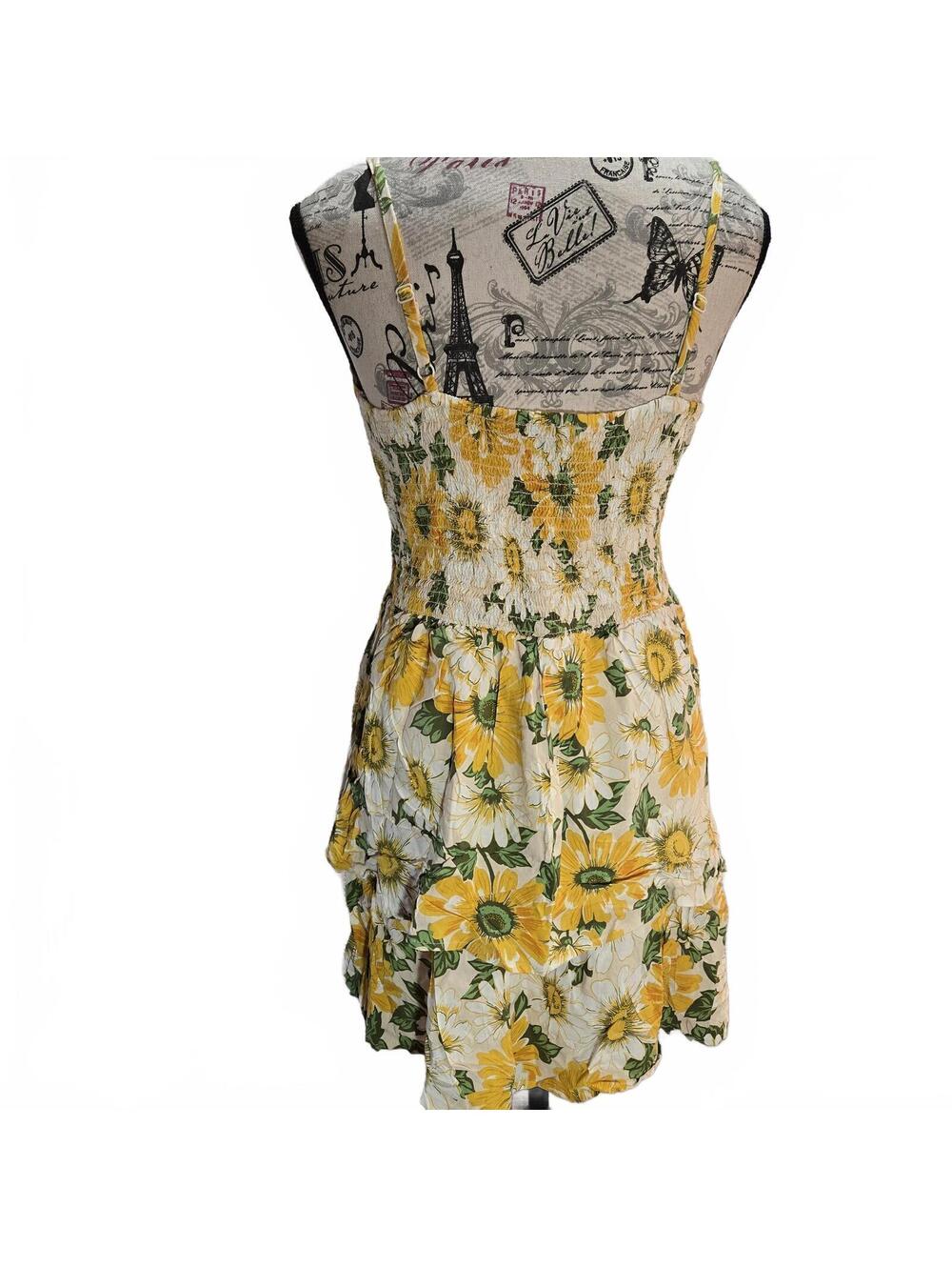 A.U.W. Sunflower Tiered Mini Dress Large Yellow Boho Cottagecore Sun Dress L - Picture 2 of 8